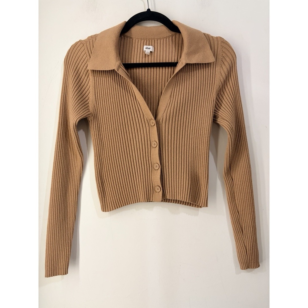 Aerie Ribbed‎ Knit Collared Cardigan Sweater Tan Cropped Button Front S/P